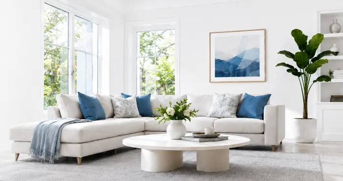 A bright and airy living room featuring a large white L-shaped sectional sofa with blue accent pillows, a round coffee table, and a large potted plant.