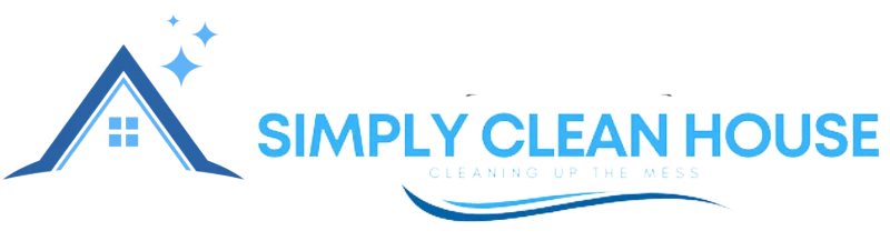 Simply Clean House logo featuring a blue house roofline with three small stars above it, the company name in light blue, and the tagline "Cleaning up the mess" above a decorative wave.