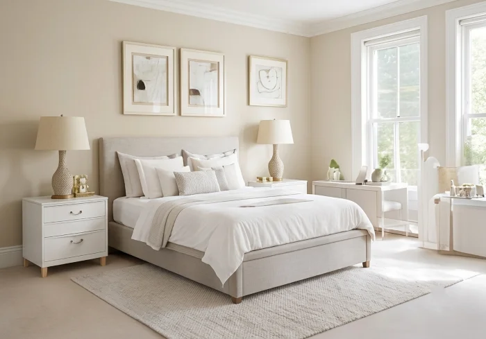 A clean, bright bedroom with crisp white bedding, matching table lamps, and neutral decor.