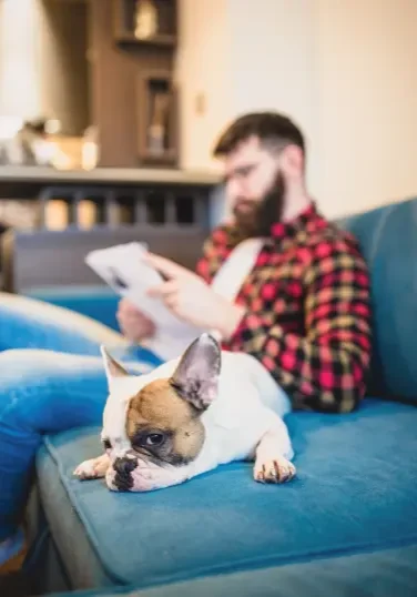 A man sitting on the blue couch with a dog